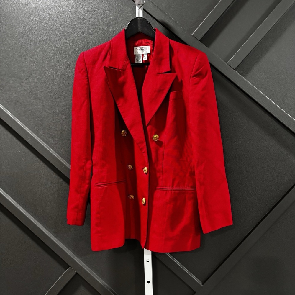 Talbots Petites Blazer Size 4P Red Linen Blend Double Breasted Gold Button vtg